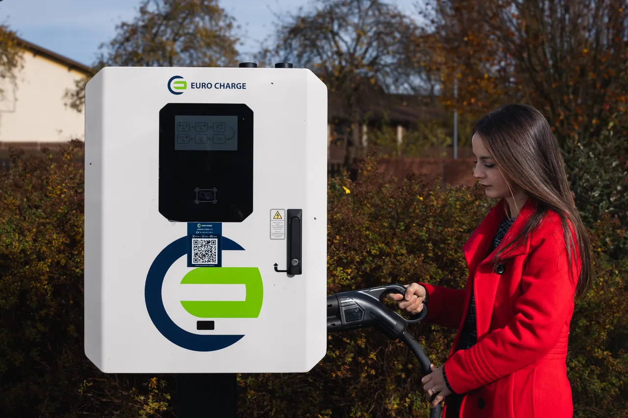 Řidička zapojuje kabel do bílého AC wallboxu EURO CHARGE