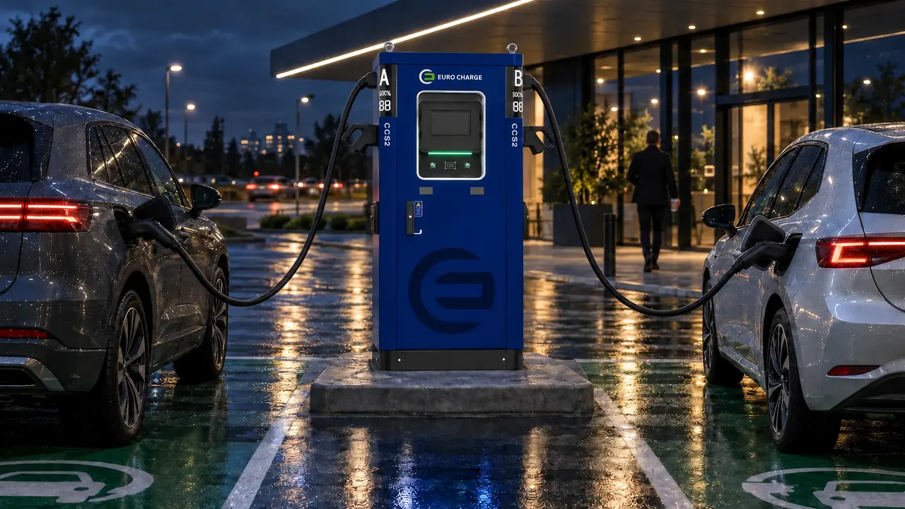 Vizualizace: rychlonabíjecí stanice DC+ EURO CHARGE nabíjí dvě auta najednou před moderní budovou, noc