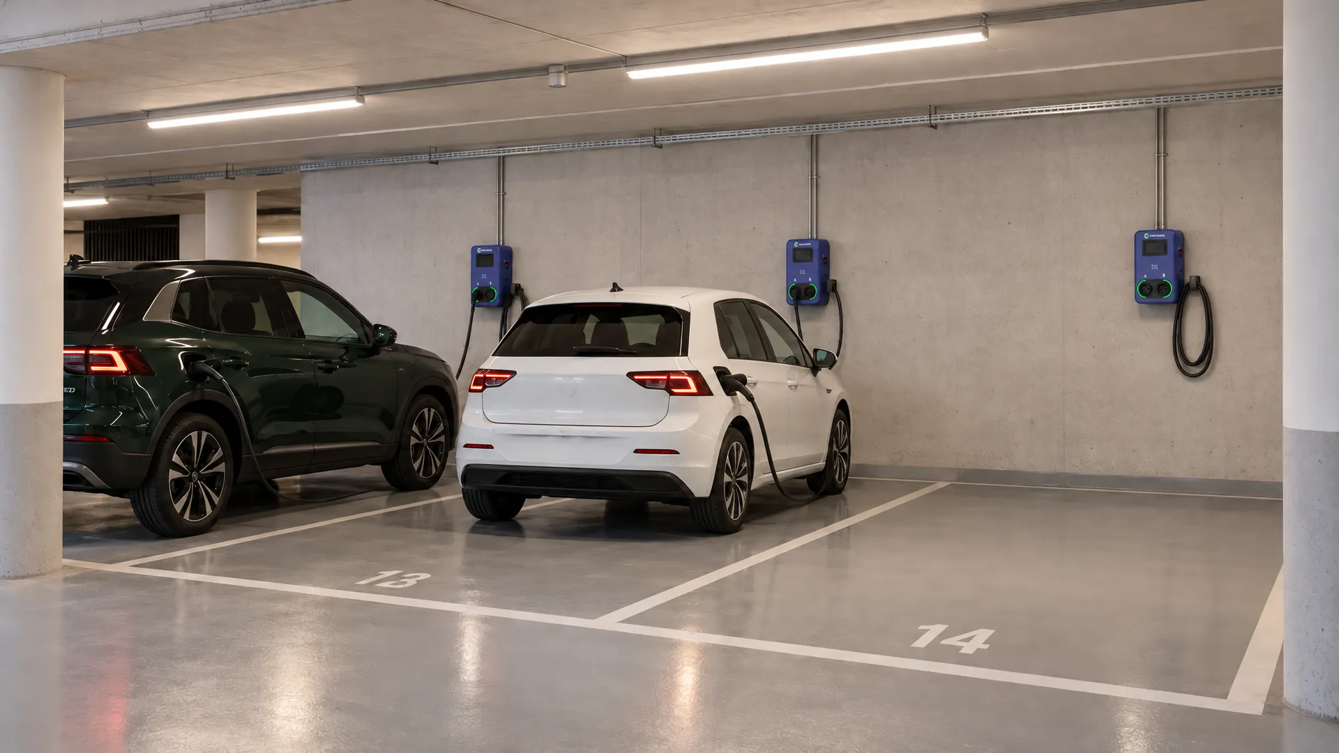 Vizualizace: AC wallboxy EURO CHARGE se zásuvkami A a B na stěně podzemní garáže bytového domu