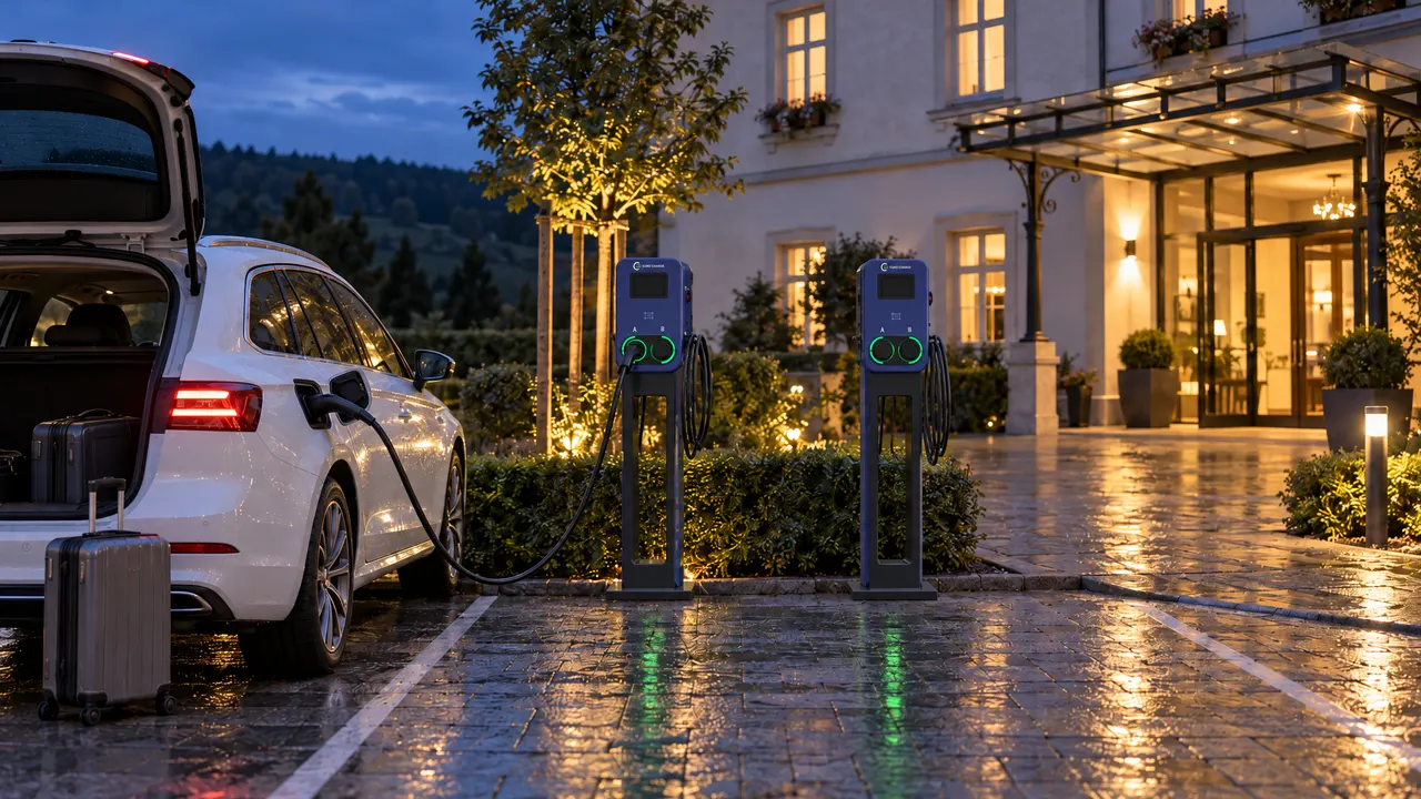 Vizualizace: dva AC stojany EURO CHARGE se zásuvkami A a B u vchodu do hotelu, večer, auto hosta se nabíjí