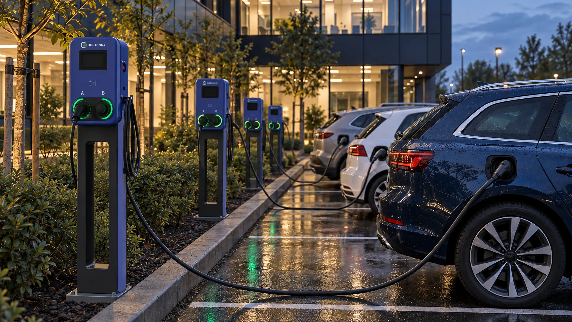 Vizualizace: řada AC stojanů EURO CHARGE na parkovišti u kancelářské budovy, firemní auta se nabíjí