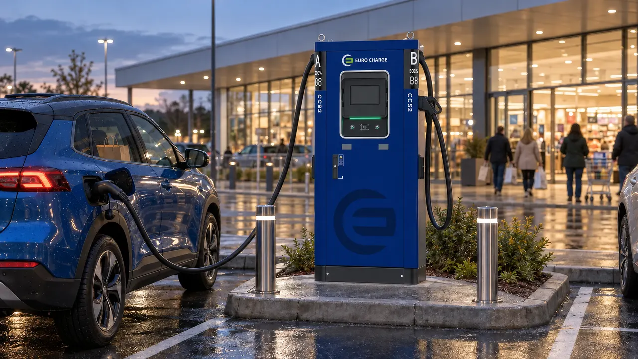 Vizualizace: rychlonabíjecí stanice DC+ EURO CHARGE u vchodu do obchodního centra, večer