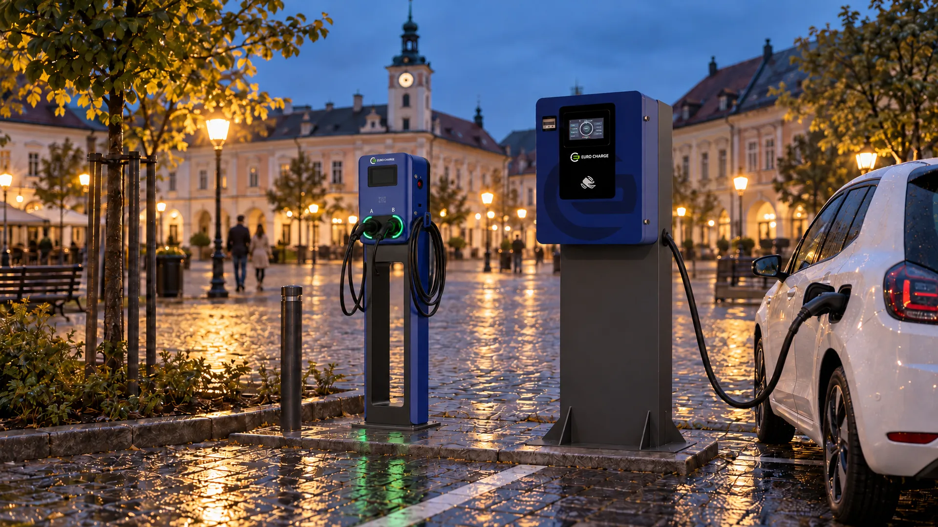 Vizualizace: AC stojan a DC nabíječka EURO CHARGE na náměstí u radnice, modrá hodina