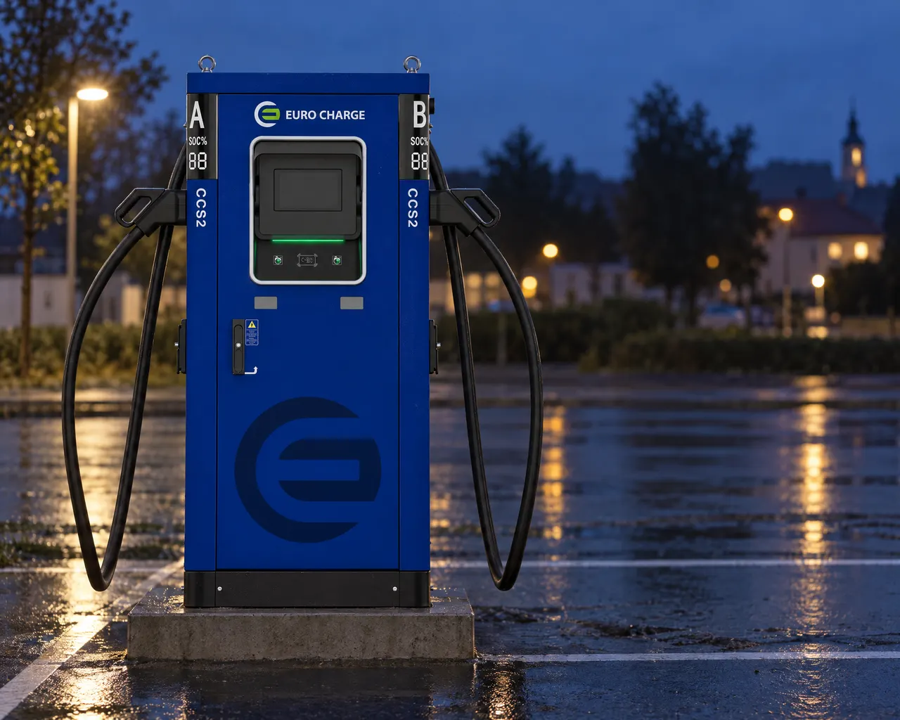Vizualizace: stanice DC+ EURO CHARGE s displejem a písmeny A a B nad kabely, parkoviště za soumraku