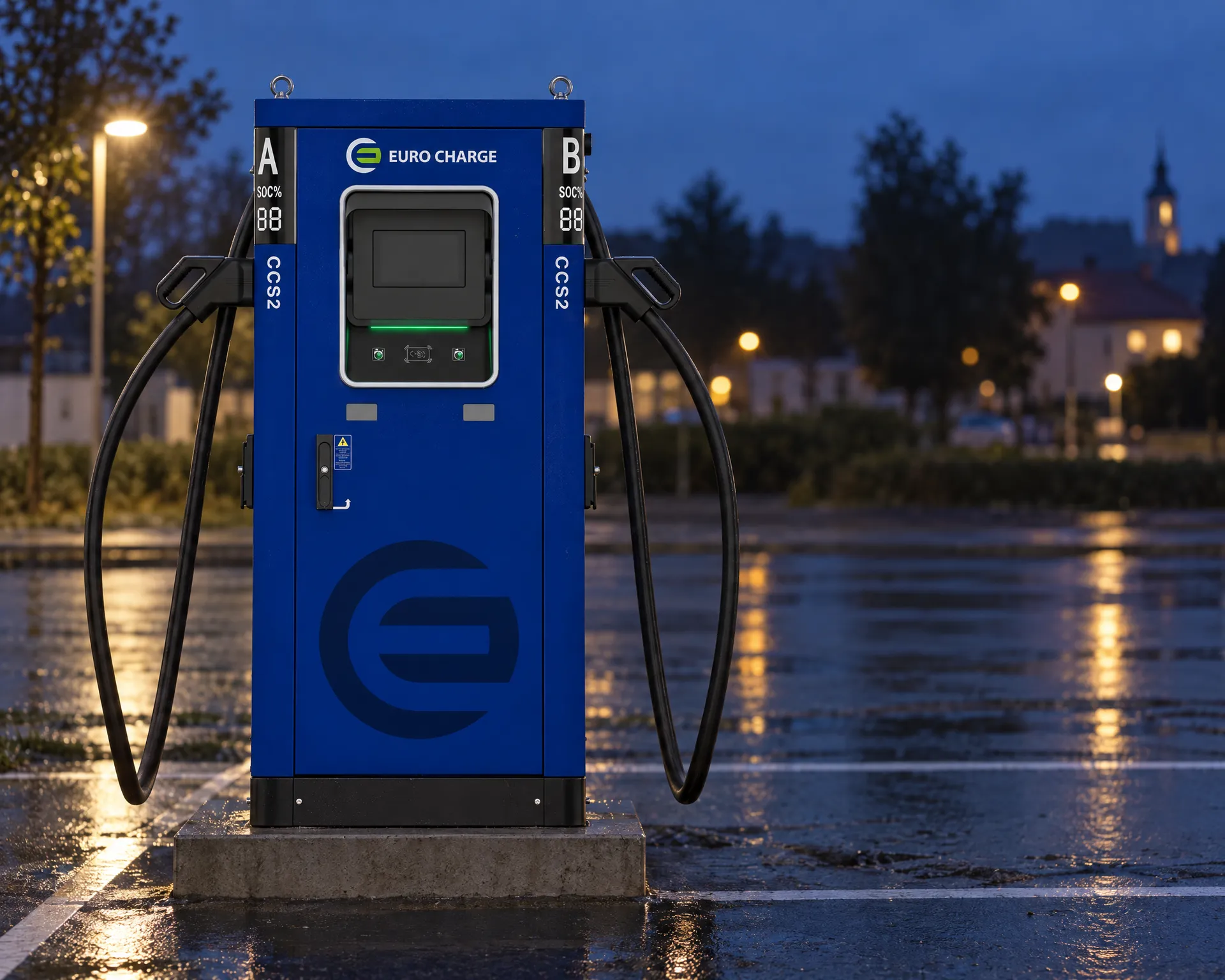 Vizualizace: stanice DC+ EURO CHARGE s displejem a písmeny A a B nad kabely, parkoviště za soumraku
