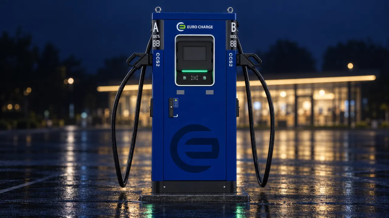 Vizualizace: stanice DC+ EURO CHARGE v tmavě modré barvě se dvěma kabely CCS2 na mokrém parkovišti v noci
