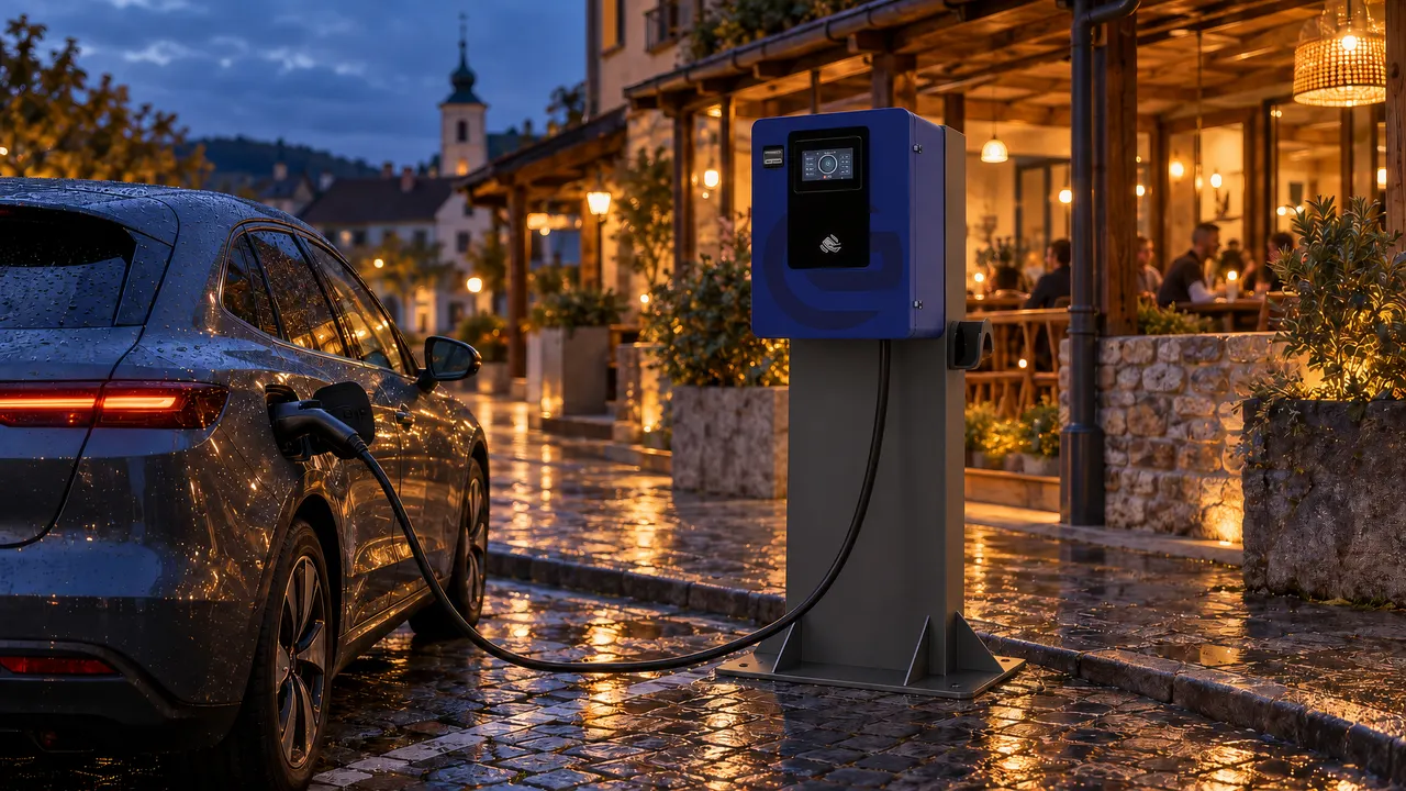 Vizualizace: DC nabíječka EURO CHARGE před terasou restaurace, večer, auto se nabíjí