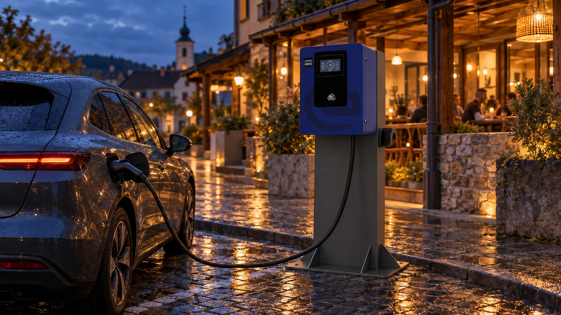 Vizualizace: DC nabíječka EURO CHARGE před terasou restaurace, večer, auto se nabíjí