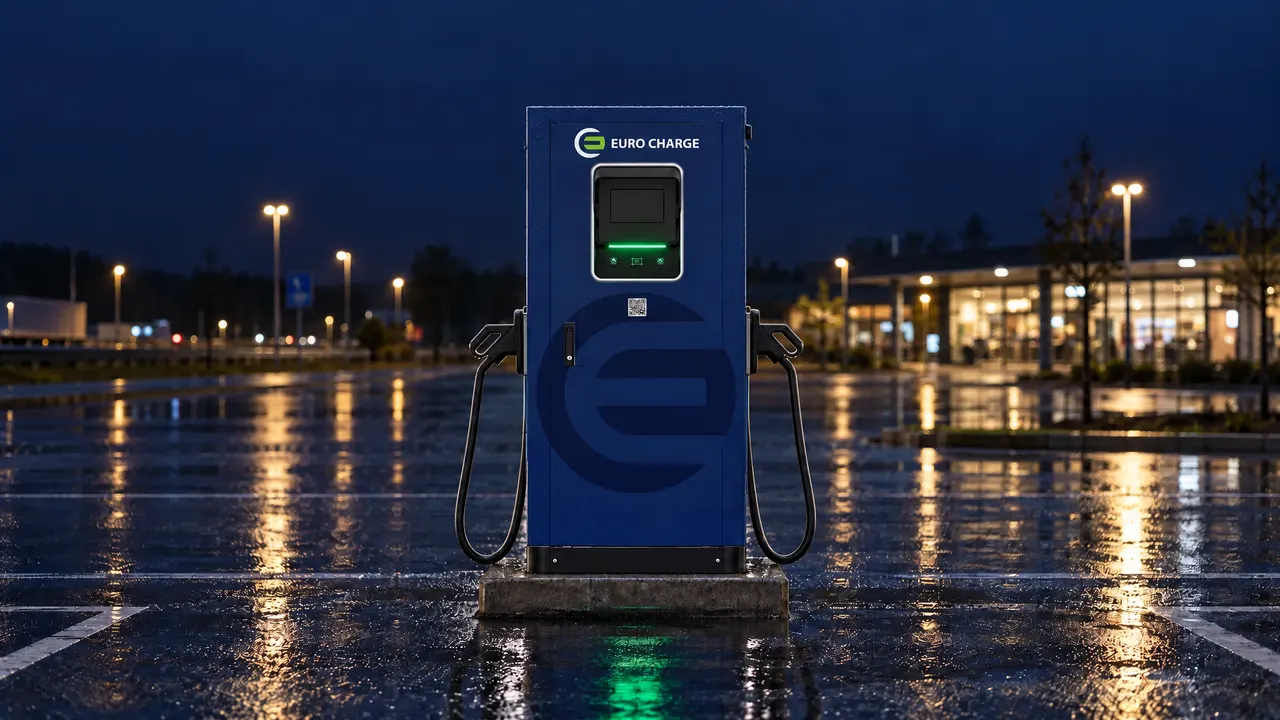 Vizualizace: rychlonabíjecí stanice DC+ EURO CHARGE s QR kódem na mokrém parkovišti u silnice, noc