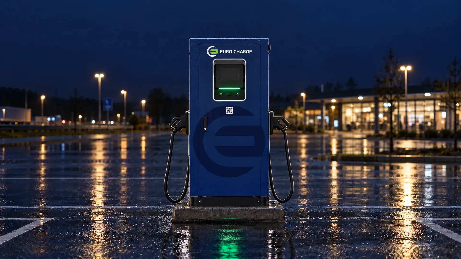 Vizualizace: rychlonabíjecí stanice DC+ EURO CHARGE s QR kódem na mokrém parkovišti u silnice, noc