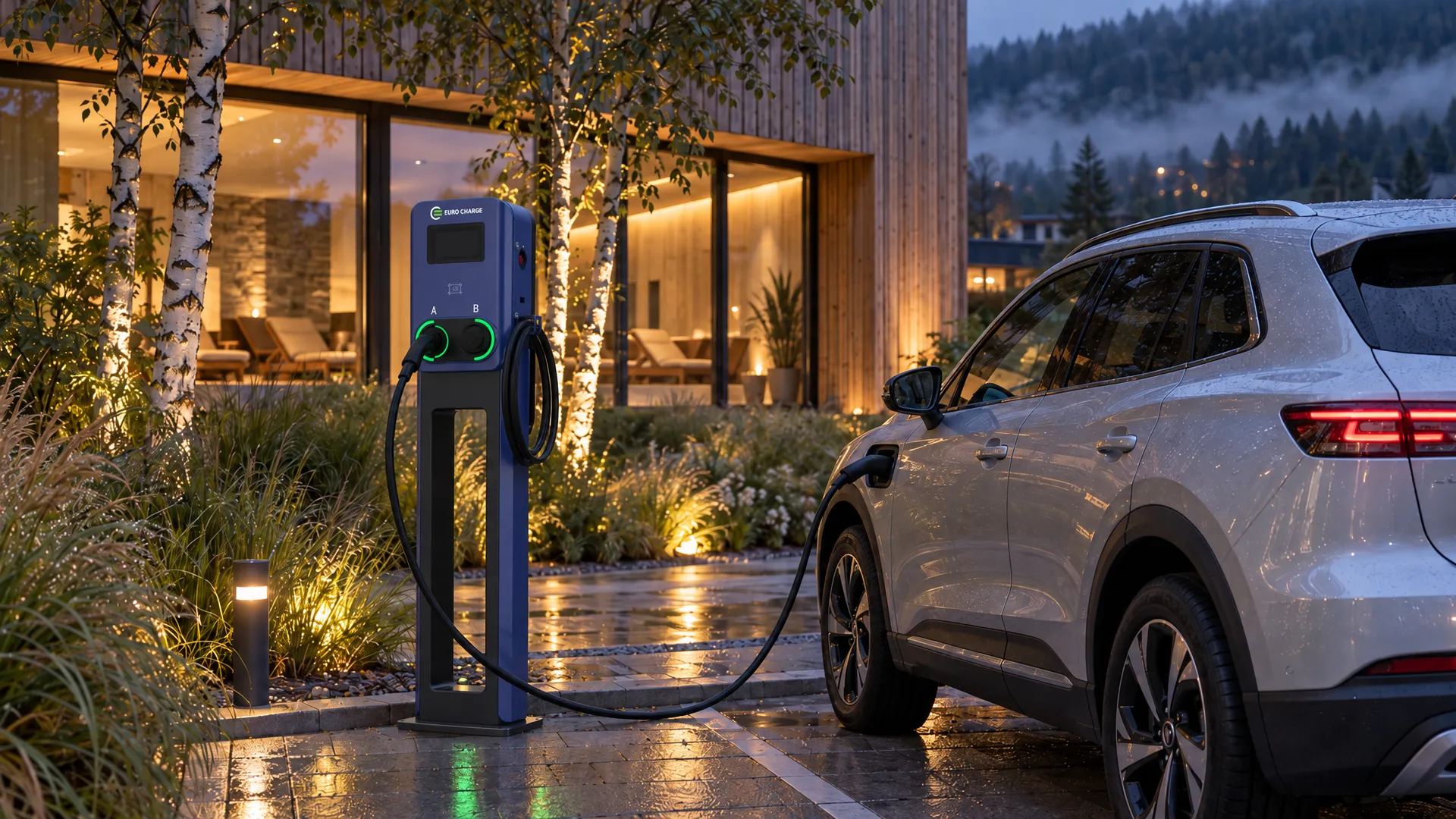 Vizualizace: AC stojan EURO CHARGE u wellness hotelu se dřevěnou fasádou, večer